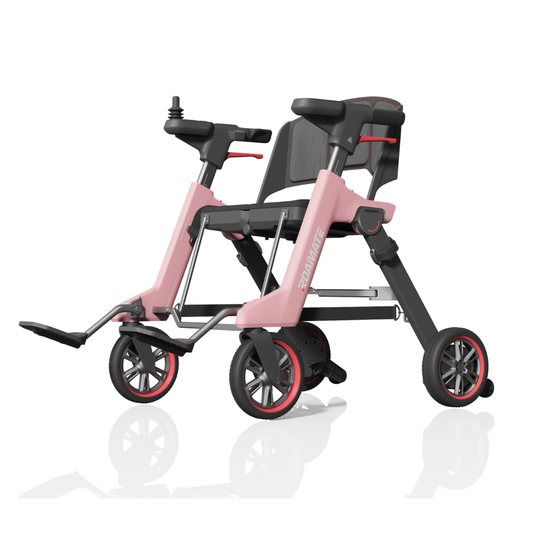 The Roamate 3-in-1 Electric Rollator Wheelchair offers modern, lightweight mobility in pink and black, featuring joystick control, footrest, four wheels, and versatile daily independence for easy comfort and movement.